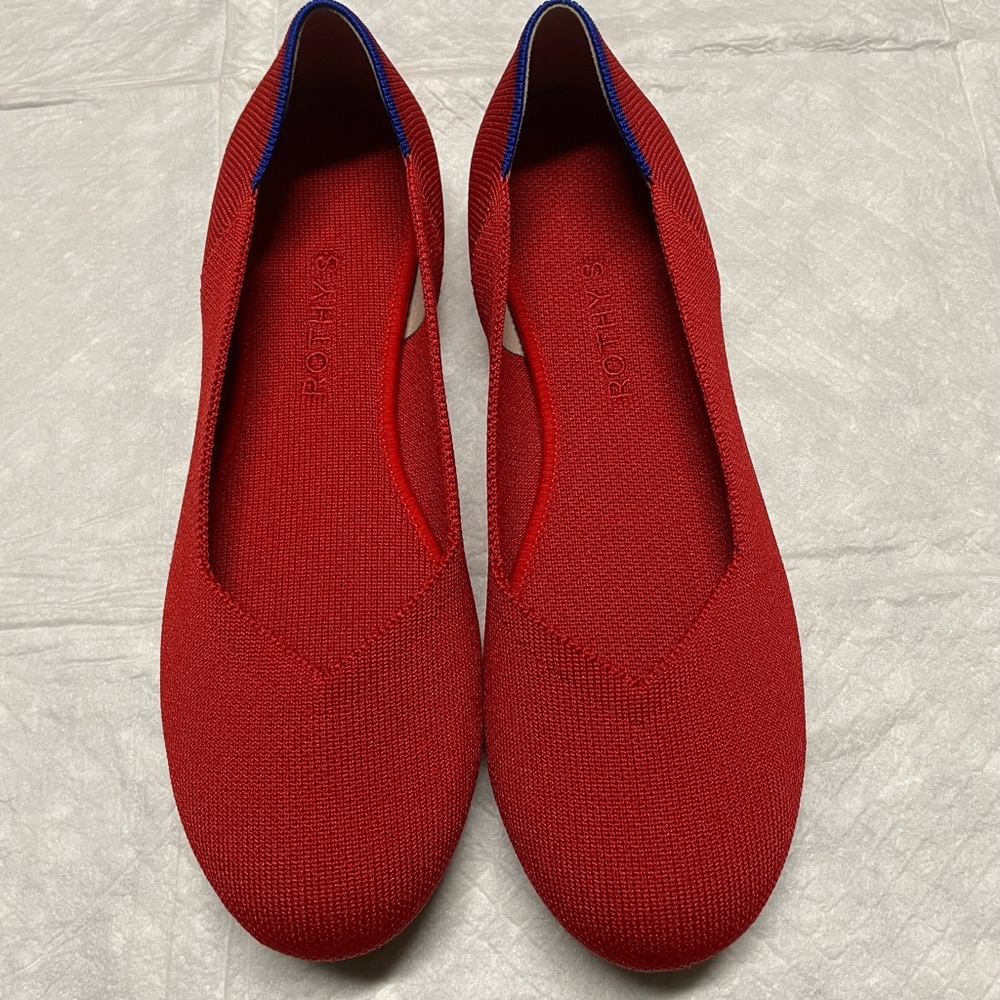 Rothy's Vibrant Red Flats with Blue Accents
